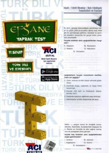 11. Sınıf Türk Dili ve Edebiyatı Efsane Çek Kopart Yaprak Test Açı Yayınları - 1