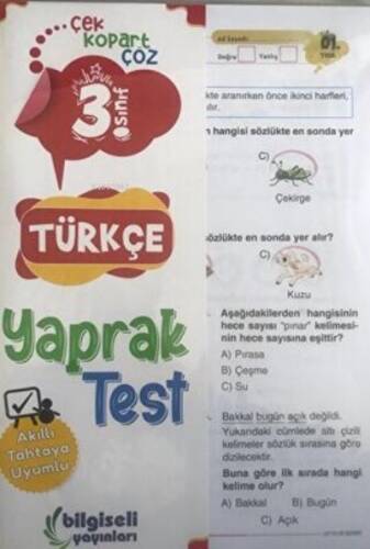 3.Sınıf Açı Türkçe Çek Kopart Yaprak Test - 1