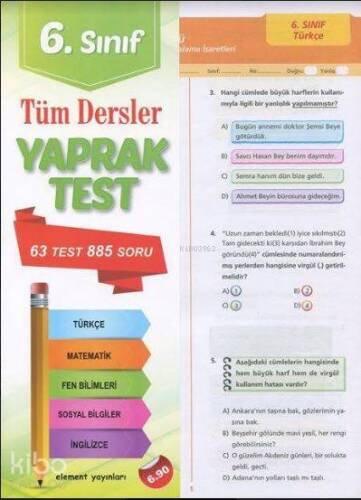 6. Sınıf Tüm Dersler Yaprak Test; 63 Test - 885 Soru - 1