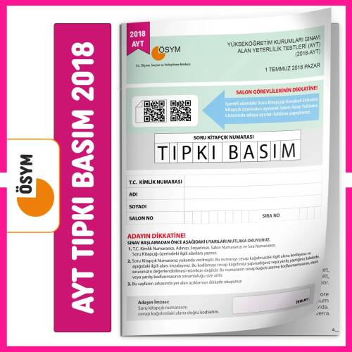 AYT 2018 ÖSYM Tıpkı Basım Türkiye Geneli Dijital Çözümlü Çıkmış Soru Kitapçığı - 1