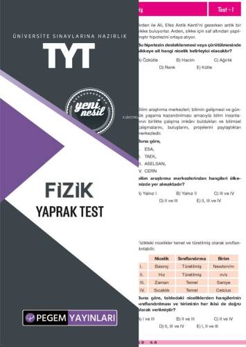 Pegem Akademi Yayıncılık TYT Fizik Yaprak Test - 1