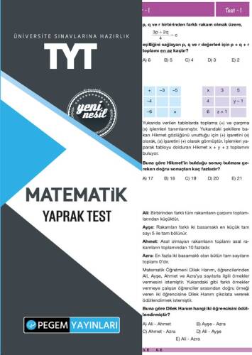 Pegem Akademi Yayıncılık TYT Matematik Yaprak Test - 1